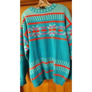 Vintage Mens Demetre Large Aqua Orange & Purple Crew Neck Ski Sweater 80s 90s